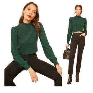 Reformation Jeans Women's Crop Kelly Sweater Pullover  Sz M Puff Sleeve Mock